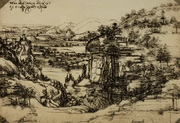 Landskap från Arnodalen, penna på papper, Leonardo da Vinci (1452-1519), Tecknings- och grafiska kabinettet, Uffizierna, Florens